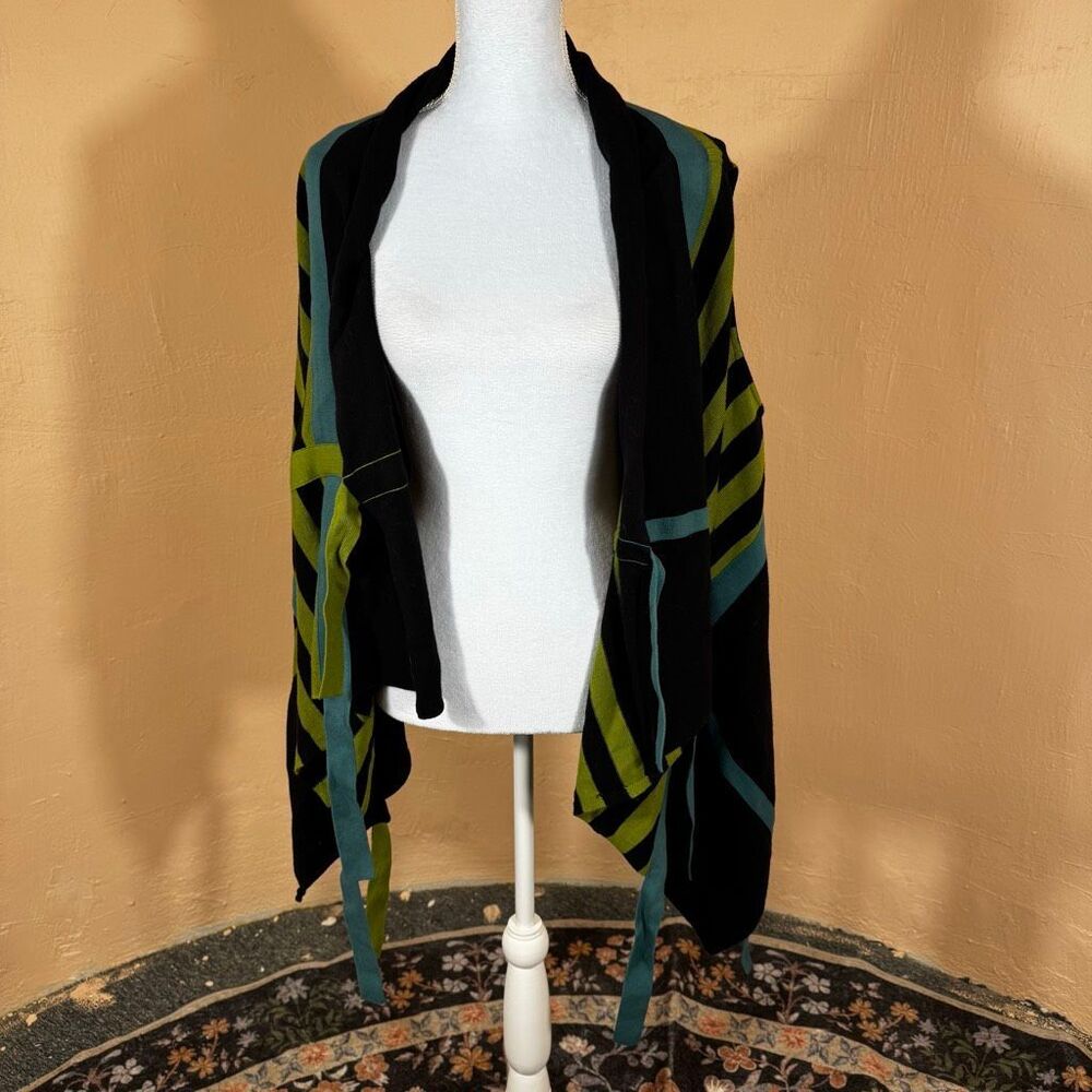 Simon Chang Grunge Black, Chartreuse & Teal Stripe Asymmetric Draped Wrap Cardig